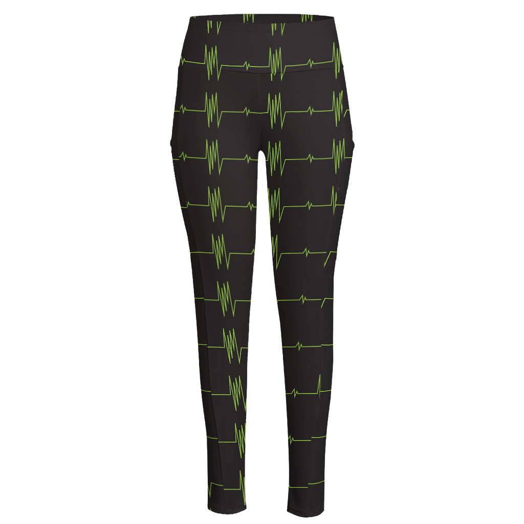 Green Heartbeat Pattern Print High-Waisted Pocket Leggings