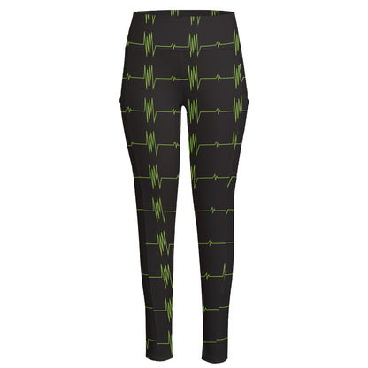Green Heartbeat Pattern Print High-Waisted Pocket Leggings