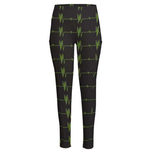 Green Heartbeat Pattern Print High-Waisted Pocket Leggings