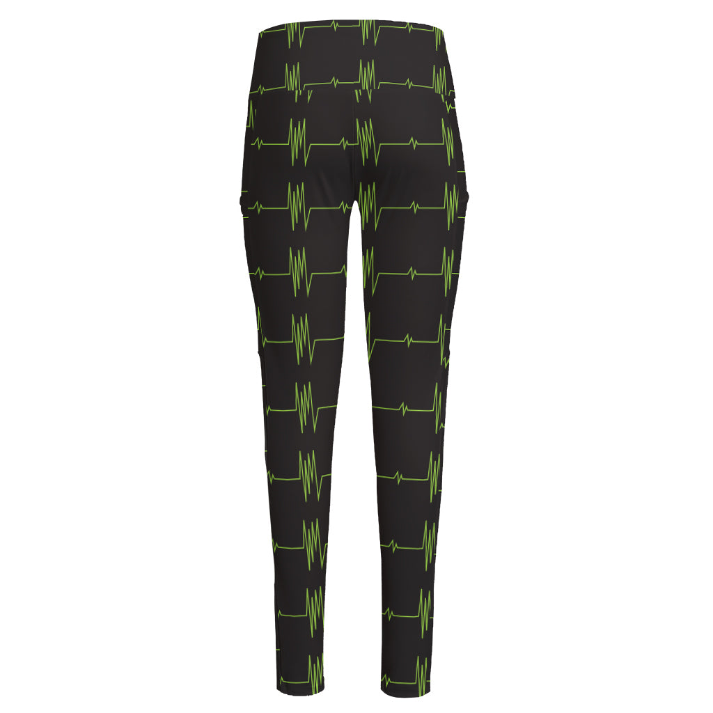 Green Heartbeat Pattern Print High-Waisted Pocket Leggings