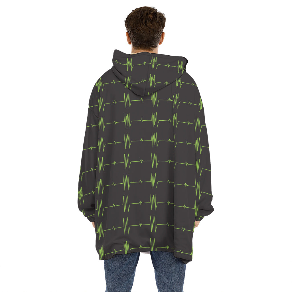 Green Heartbeat Pattern Print Hoodie Blanket