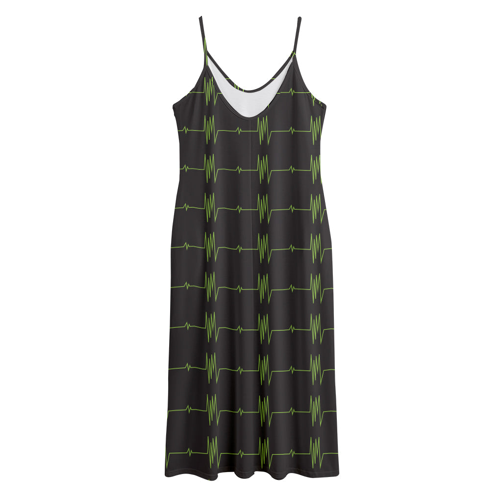 Green Heartbeat Pattern Print Jersey Midi Cami Dress