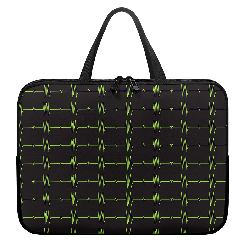 Green Heartbeat Pattern Print Laptop Sleeve With Handle