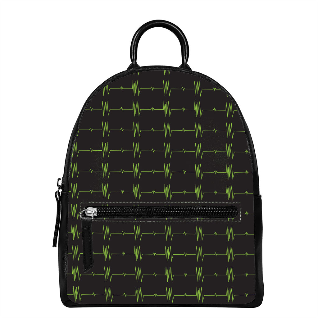 Green Heartbeat Pattern Print Leather Backpack