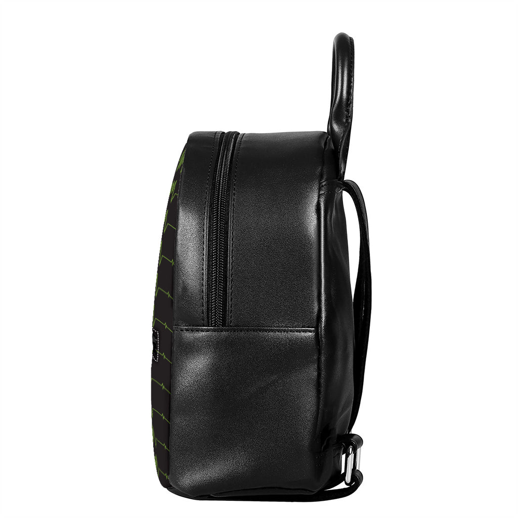 Green Heartbeat Pattern Print Leather Backpack