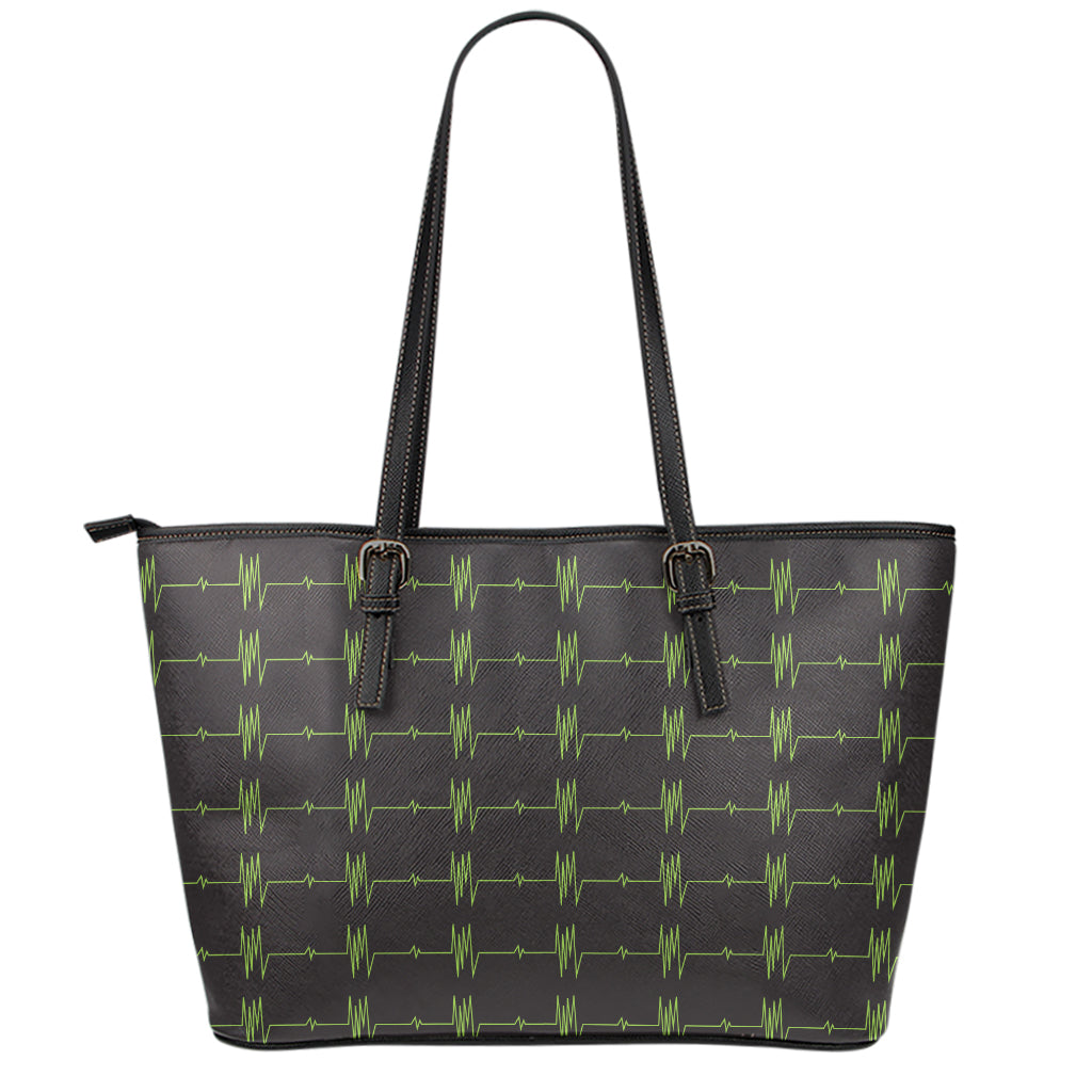 Green Heartbeat Pattern Print Leather Tote Bag