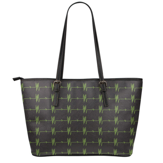 Green Heartbeat Pattern Print Leather Tote Bag