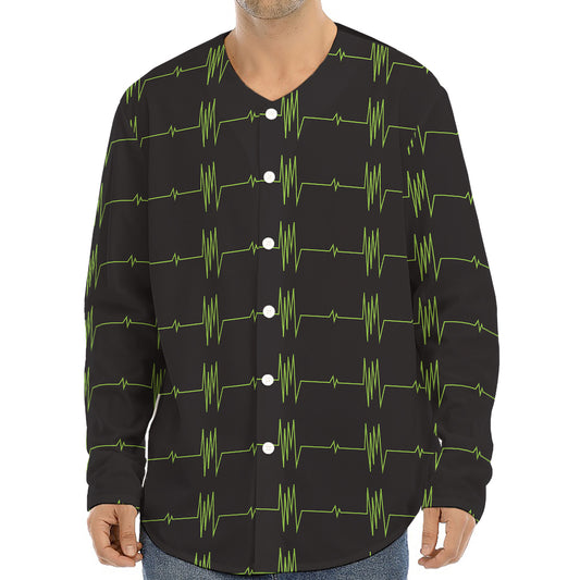 Green Heartbeat Pattern Print Long Sleeve Baseball Jersey