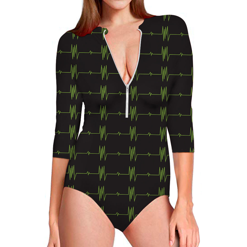 Green Heartbeat Pattern Print Long Sleeve Swimsuit