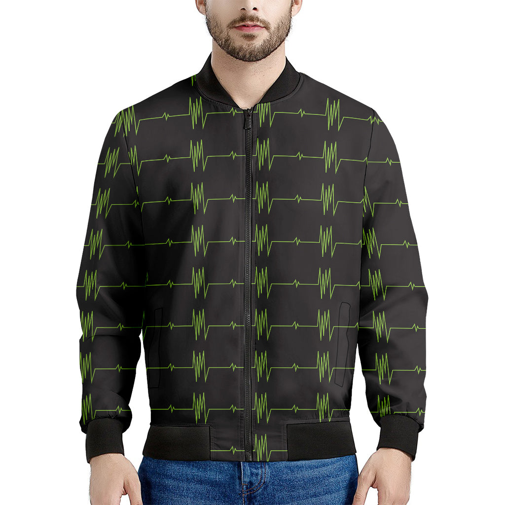Green Heartbeat Pattern Print Men's Bomber Jacket