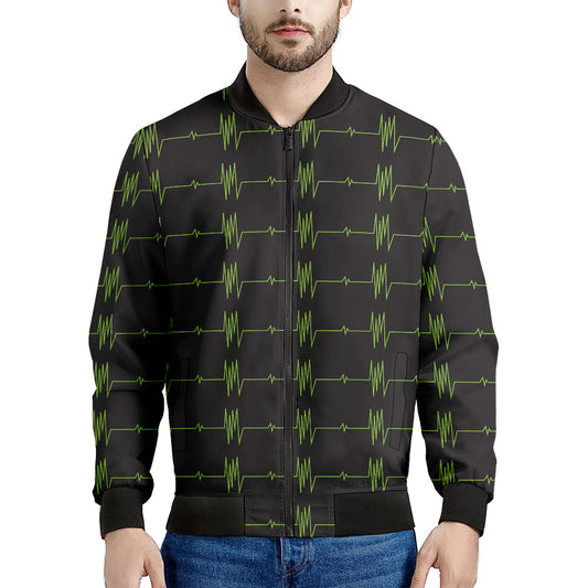 Green Heartbeat Pattern Print Men's Bomber Jacket
