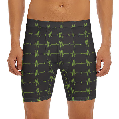 Green Heartbeat Pattern Print Men's Long Boxer Briefs