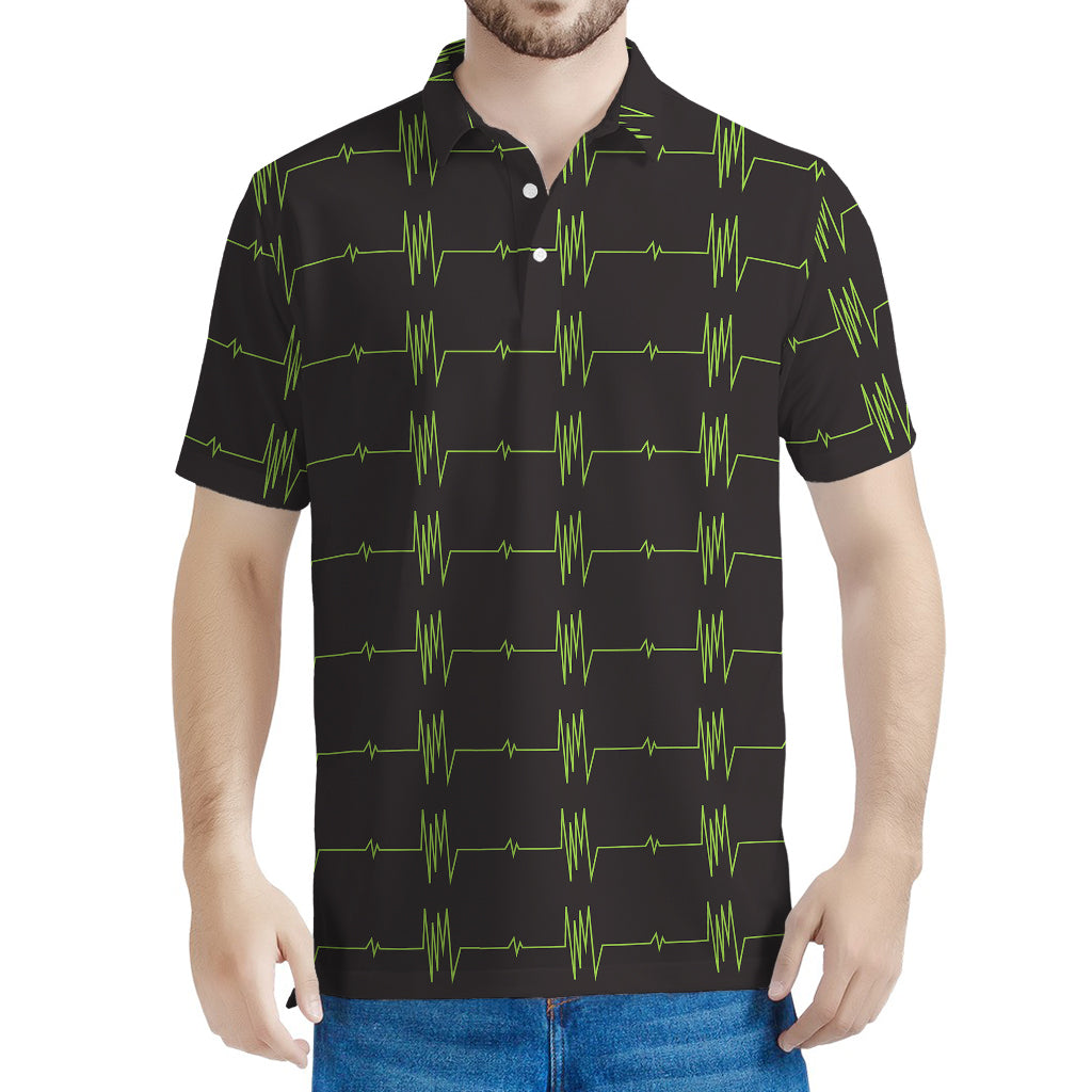 Green Heartbeat Pattern Print Men's Polo Shirt
