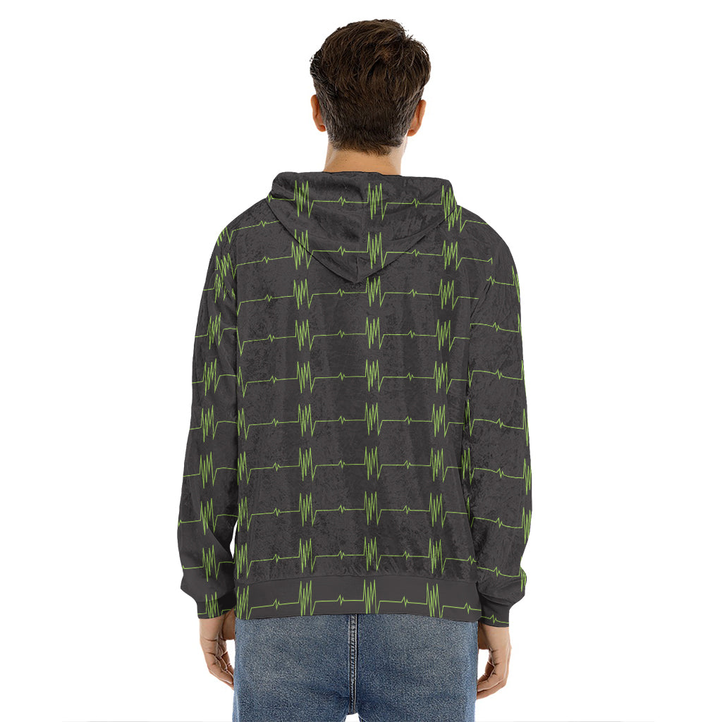 Green Heartbeat Pattern Print Men's Velvet Pullover Hoodie