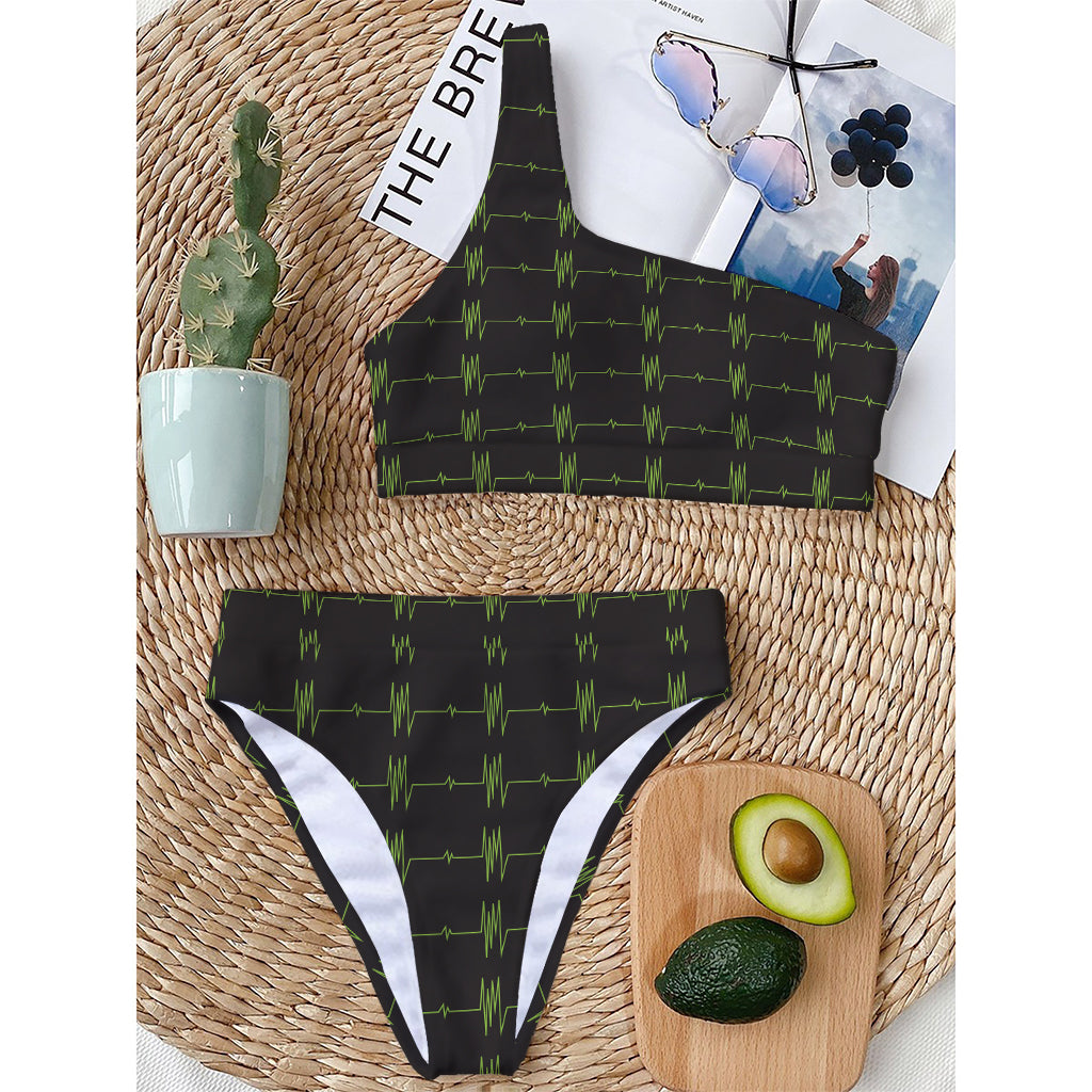 Green Heartbeat Pattern Print One Shoulder Bikini Top