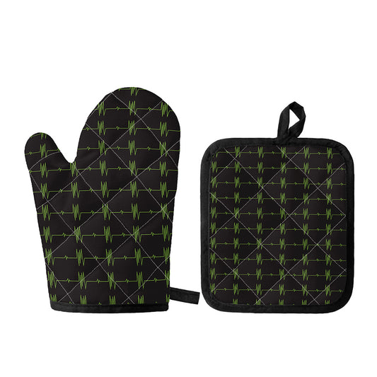 Green Heartbeat Pattern Print Oven Mitt And Pot Holder Set