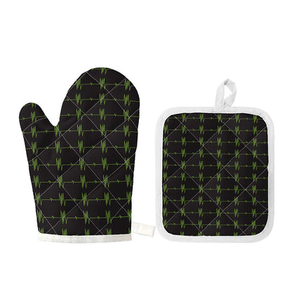 Green Heartbeat Pattern Print Oven Mitt And Pot Holder Set
