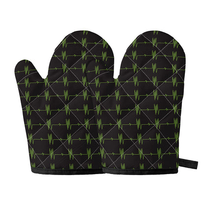 Green Heartbeat Pattern Print Oven Mitts