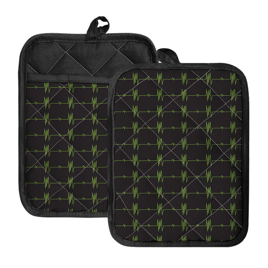 Green Heartbeat Pattern Print Pot Holders With Pocket