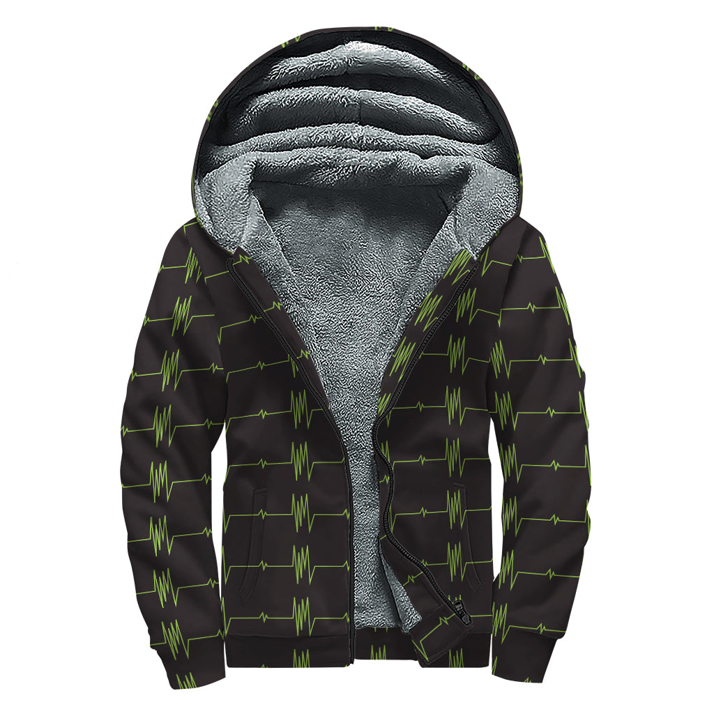 Green Heartbeat Pattern Print Sherpa Lined Zip Up Hoodie