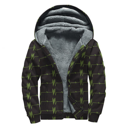 Green Heartbeat Pattern Print Sherpa Lined Zip Up Hoodie