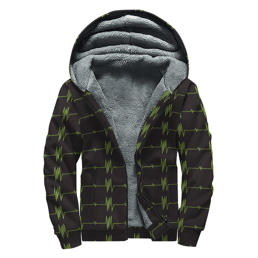 Green Heartbeat Pattern Print Sherpa Lined Zip Up Hoodie