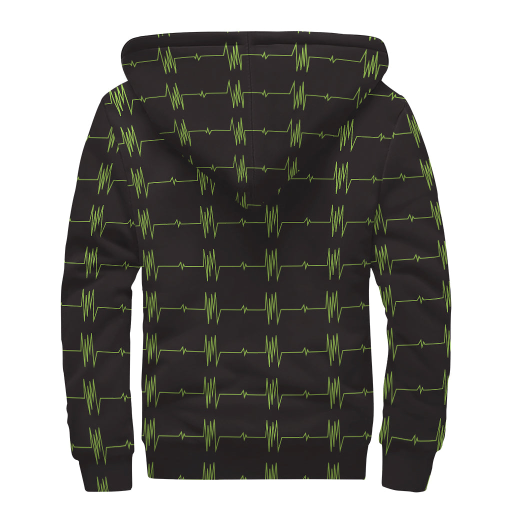 Green Heartbeat Pattern Print Sherpa Lined Zip Up Hoodie
