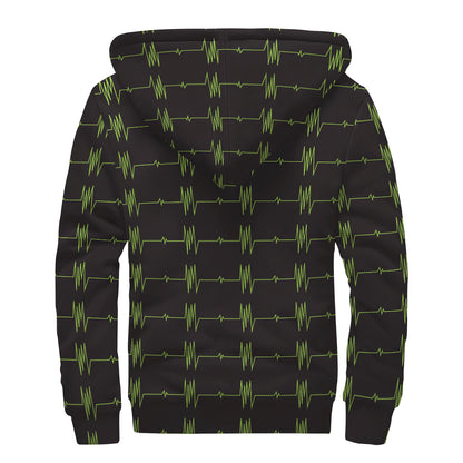 Green Heartbeat Pattern Print Sherpa Lined Zip Up Hoodie