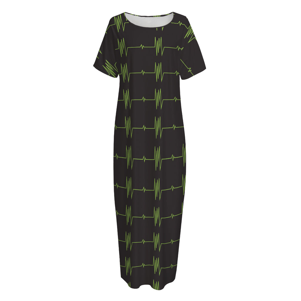 Green Heartbeat Pattern Print Short Sleeve Long Nightdress