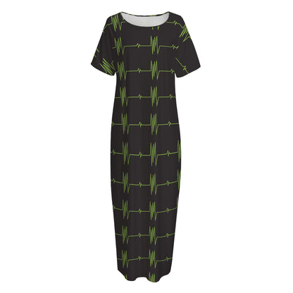 Green Heartbeat Pattern Print Short Sleeve Long Nightdress