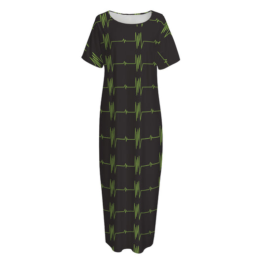 Green Heartbeat Pattern Print Short Sleeve Long Nightdress
