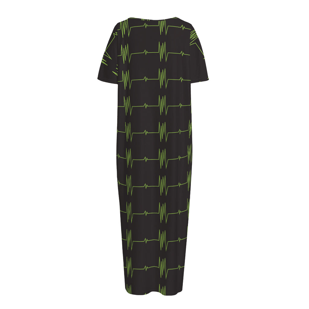 Green Heartbeat Pattern Print Short Sleeve Long Nightdress
