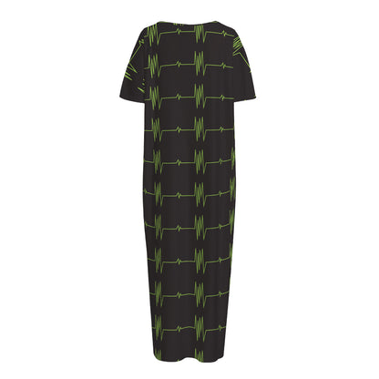 Green Heartbeat Pattern Print Short Sleeve Long Nightdress