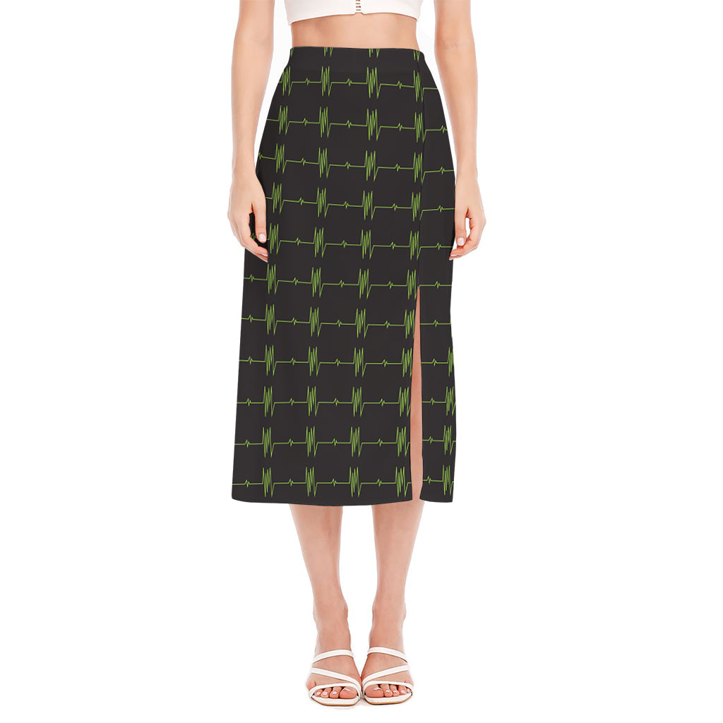 Green Heartbeat Pattern Print Side Slit Midi Skirt