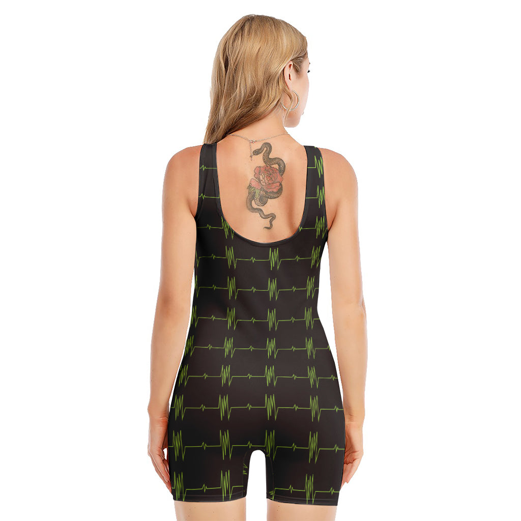 Green Heartbeat Pattern Print Sleeveless One Piece Swimsuit