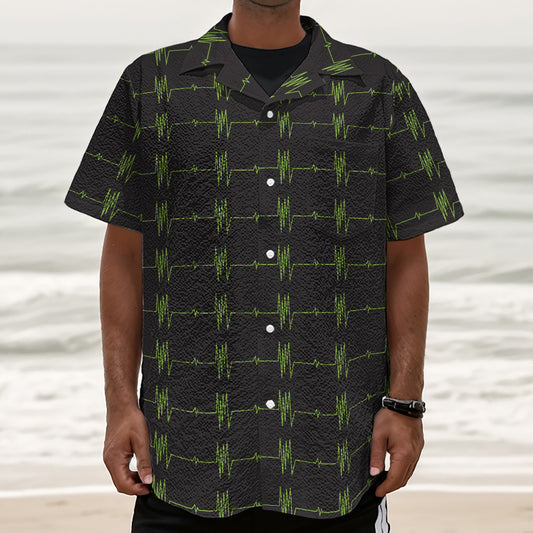 Green Heartbeat Pattern Print Textured Short Sleeve Shirt