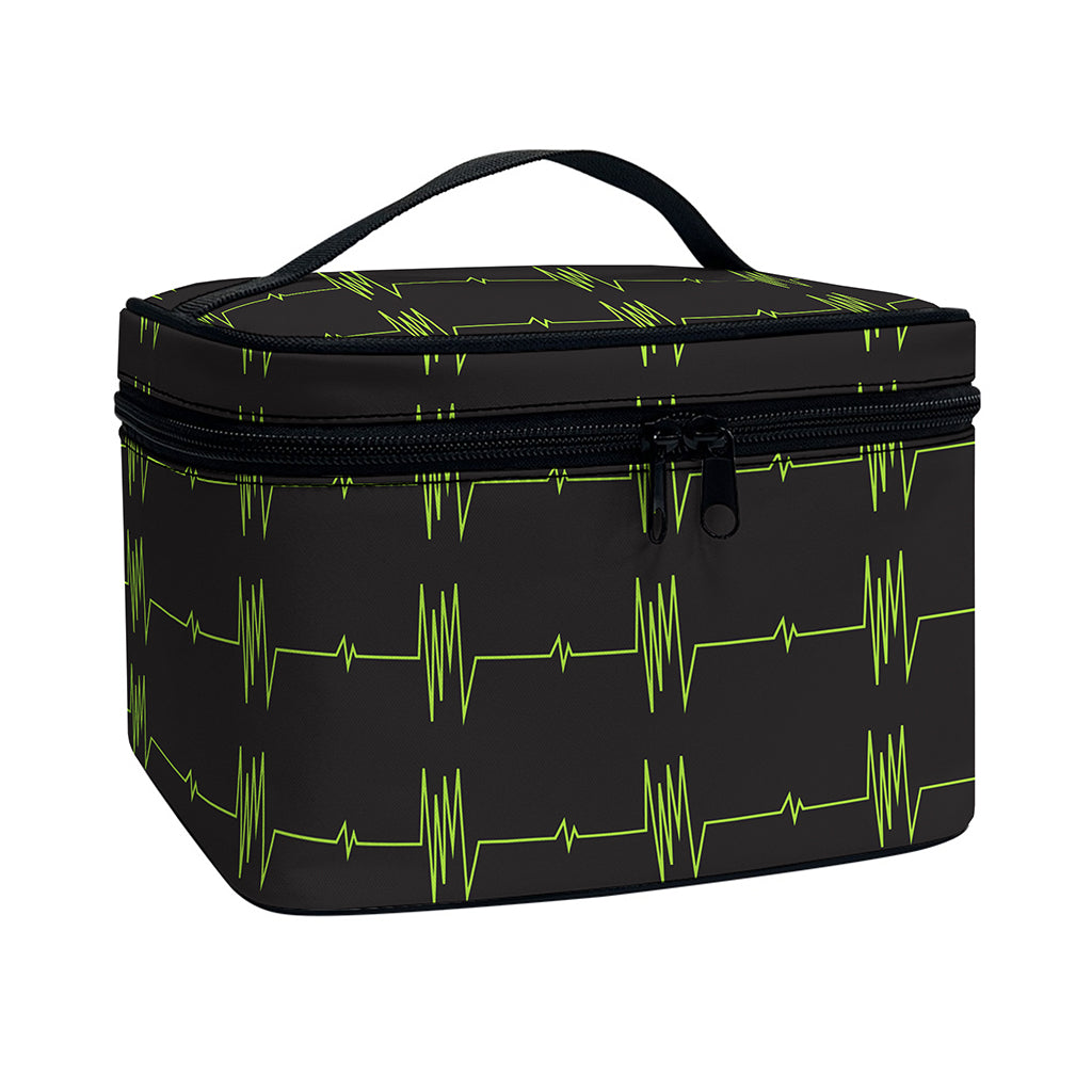 Green Heartbeat Pattern Print Travel Makeup Bag