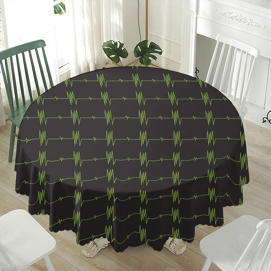 Green Heartbeat Pattern Print Waterproof Round Tablecloth