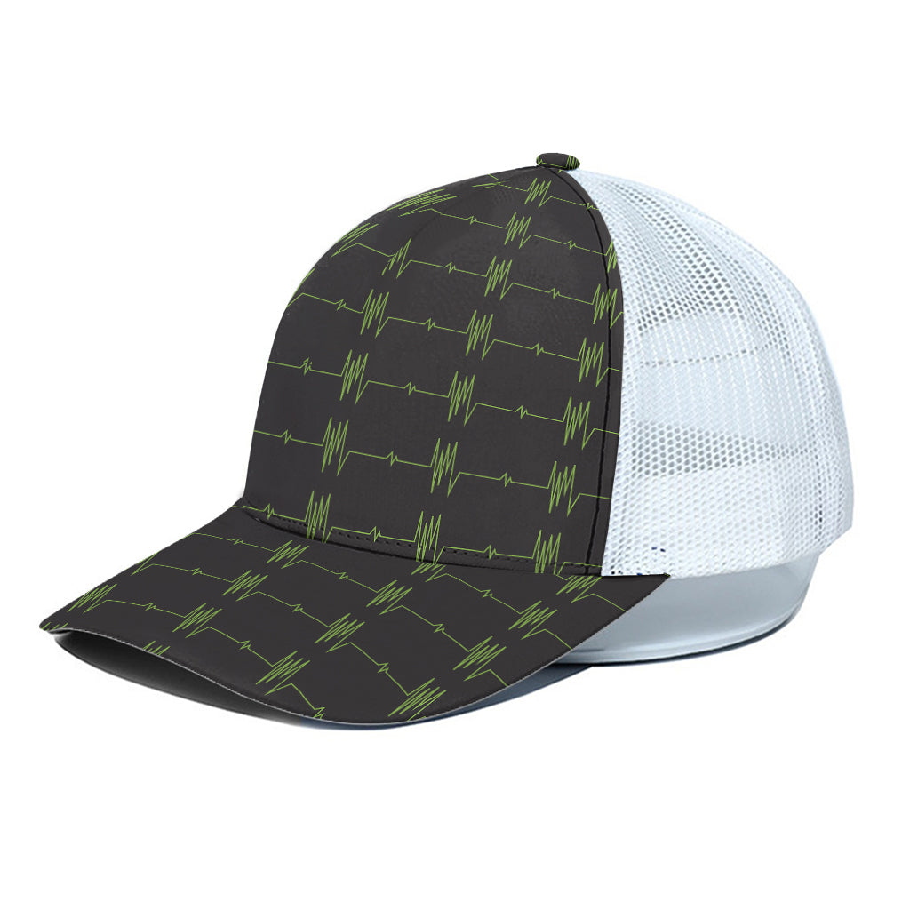 Green Heartbeat Pattern Print White Mesh Trucker Cap