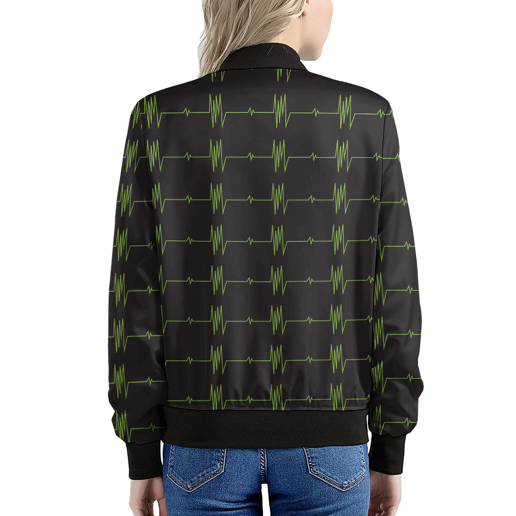 Green Heartbeat Pattern Print Women's Bomber Jacket