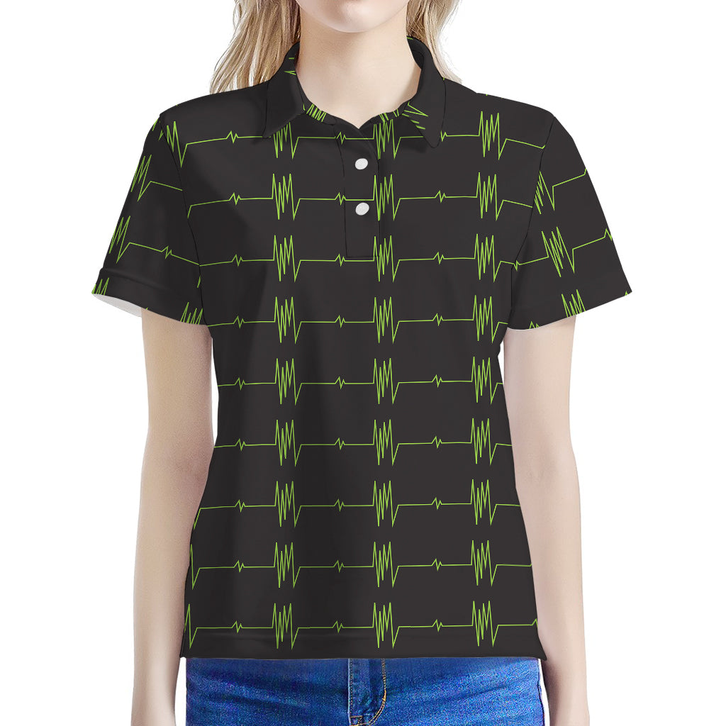 Green Heartbeat Pattern Print Women's Polo Shirt