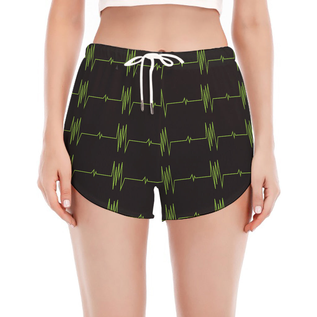 Green Heartbeat Pattern Print Women's Split Running Shorts