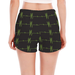 Green Heartbeat Pattern Print Women's Split Running Shorts