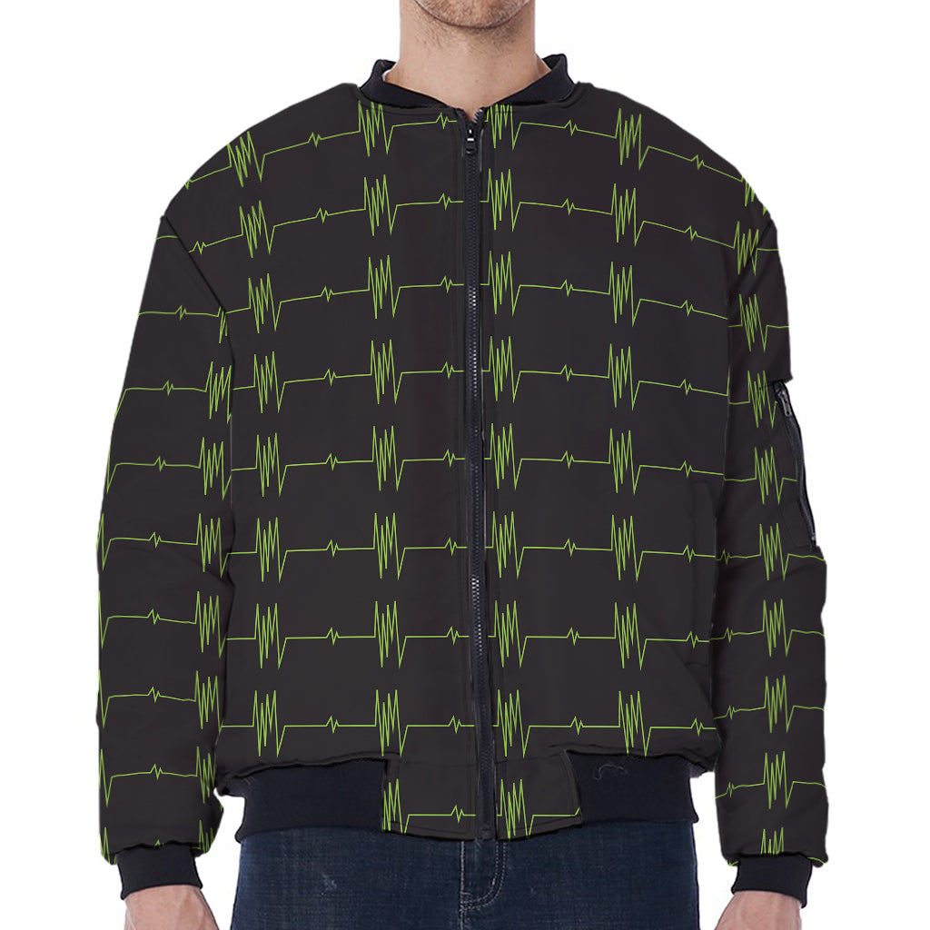Green Heartbeat Pattern Print Zip Sleeve Bomber Jacket