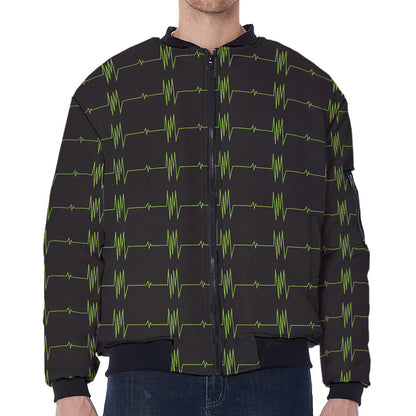 Green Heartbeat Pattern Print Zip Sleeve Bomber Jacket