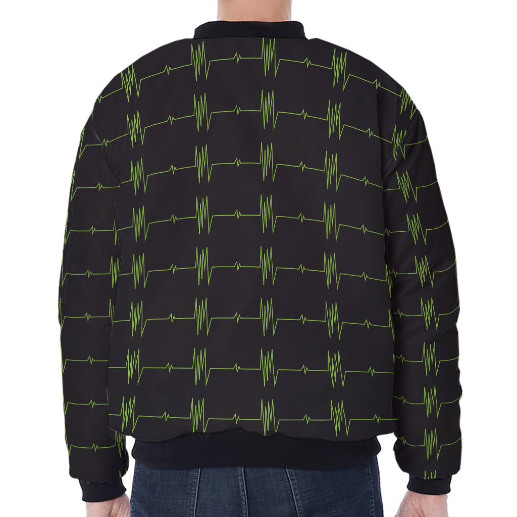 Green Heartbeat Pattern Print Zip Sleeve Bomber Jacket