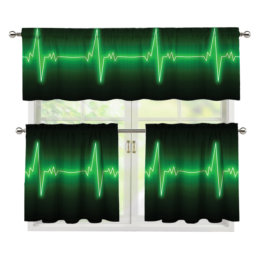 Green Heartbeat Print 3 Piece Kitchen Curtains