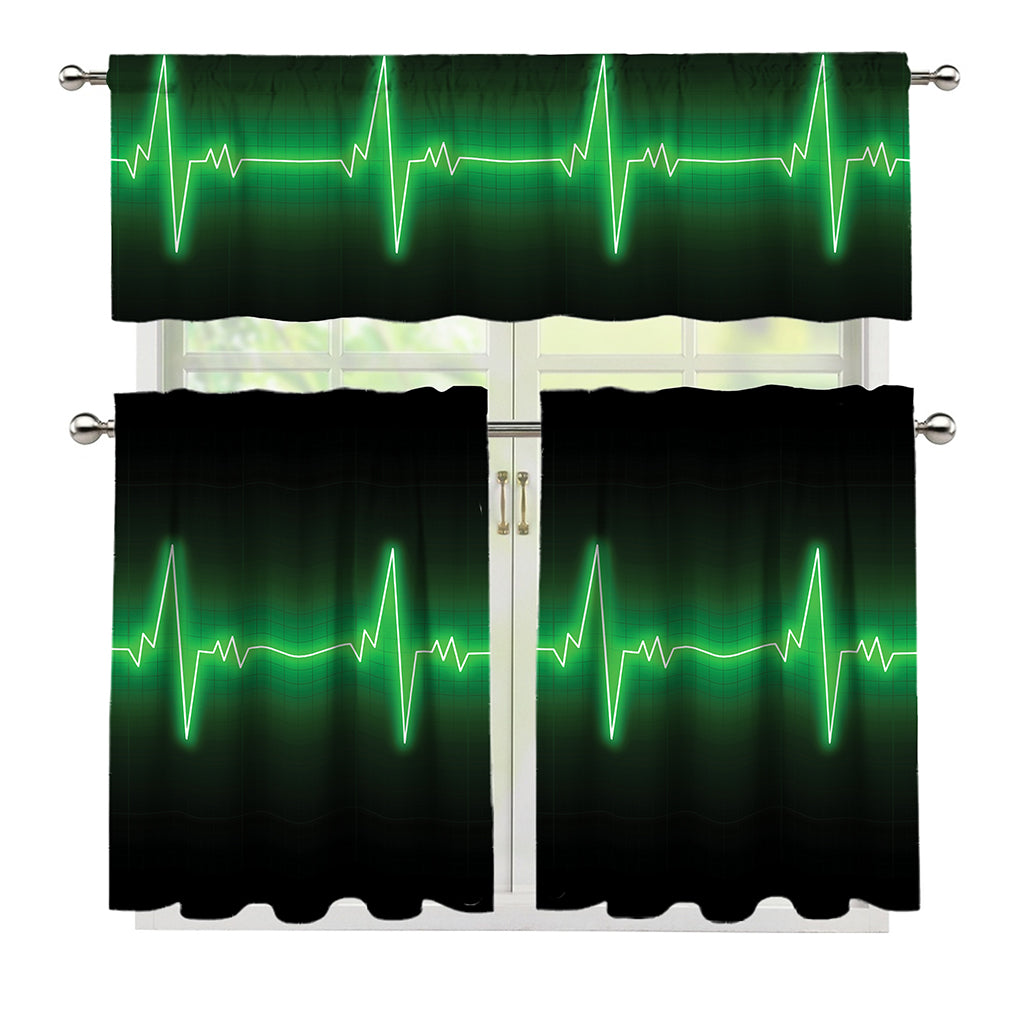 Green Heartbeat Print 3 Piece Kitchen Curtains