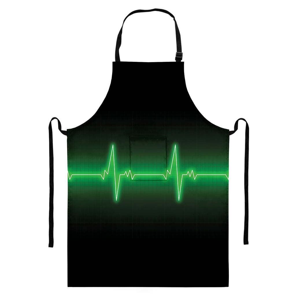Green Heartbeat Print Bib Apron With Pocket