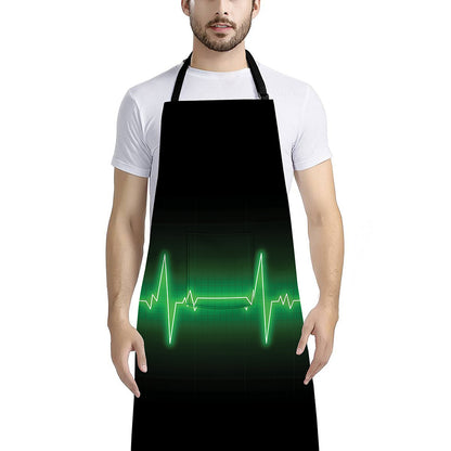 Green Heartbeat Print Bib Apron With Pocket